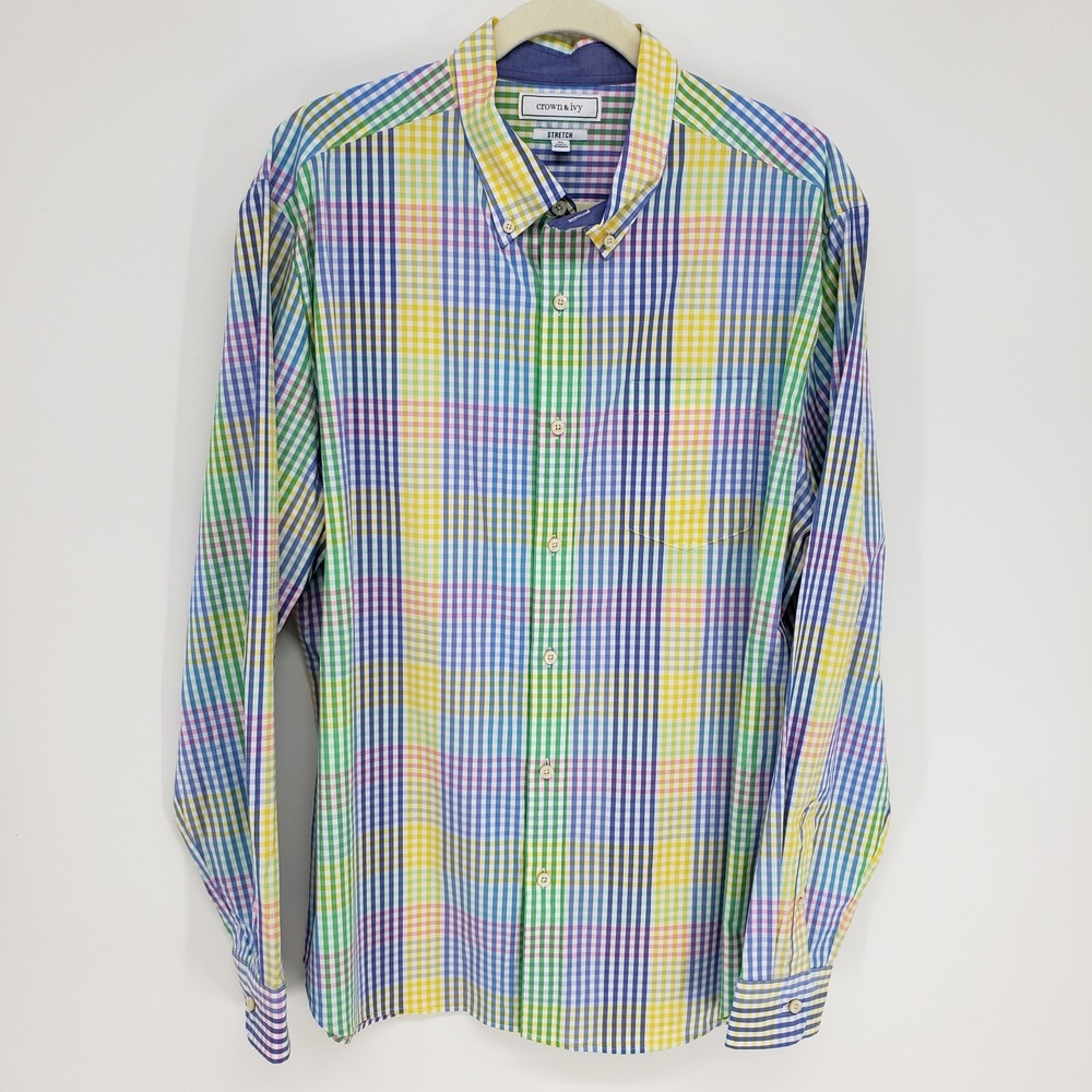 Crown & Ivy Rainbow Gingham Button Down Shirt Mens XL Long Sleeve Plaid Stretch